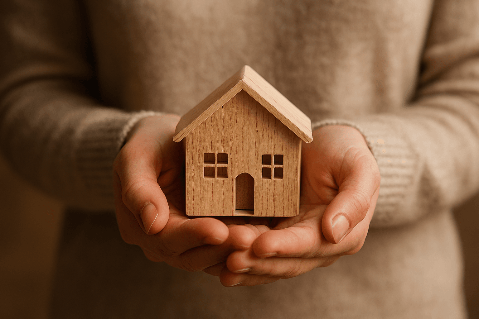 A person gently cradling a small wooden house in their hands, symbolizing care, protection, and warmth.