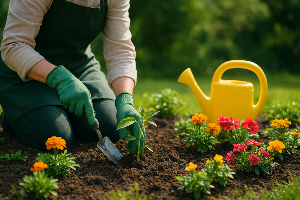 Gardener planting colourful flowers in a tidy garden