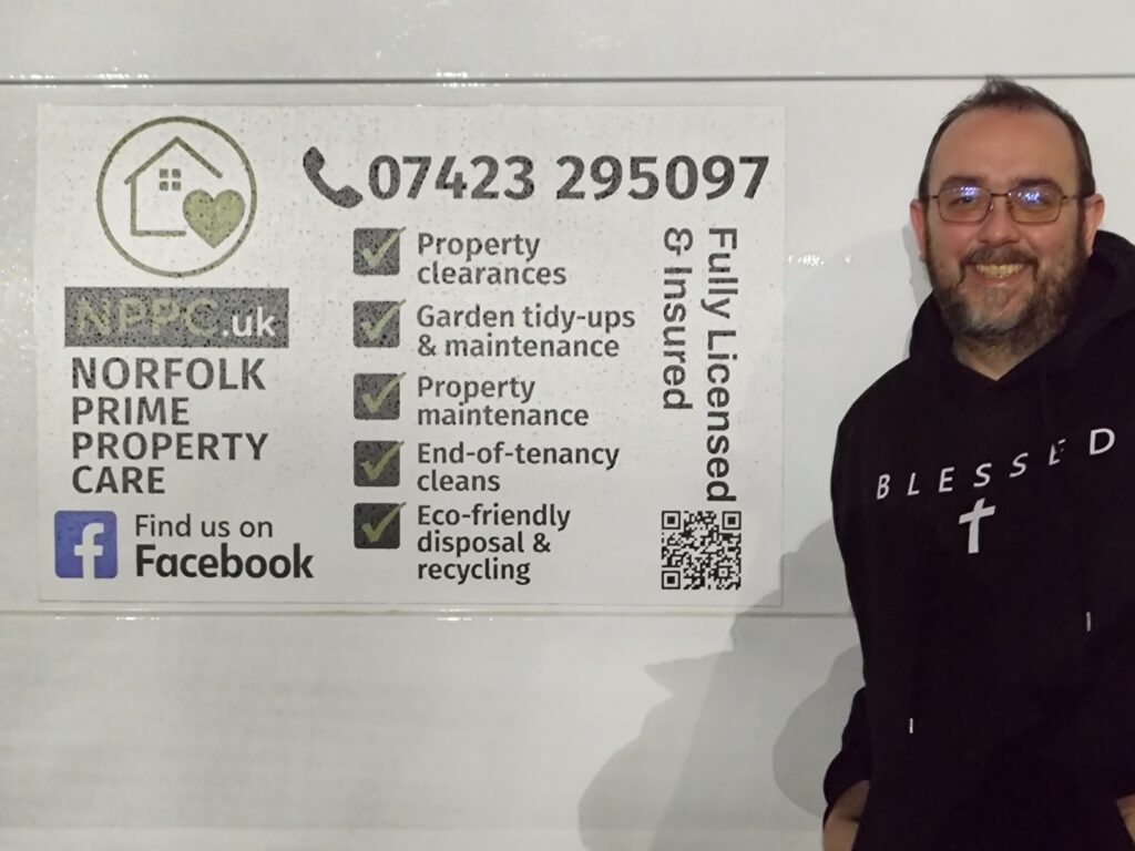 Luke Prior standing beside the Norfolk Prime Property Care work van, ready for a property maintenance jobs