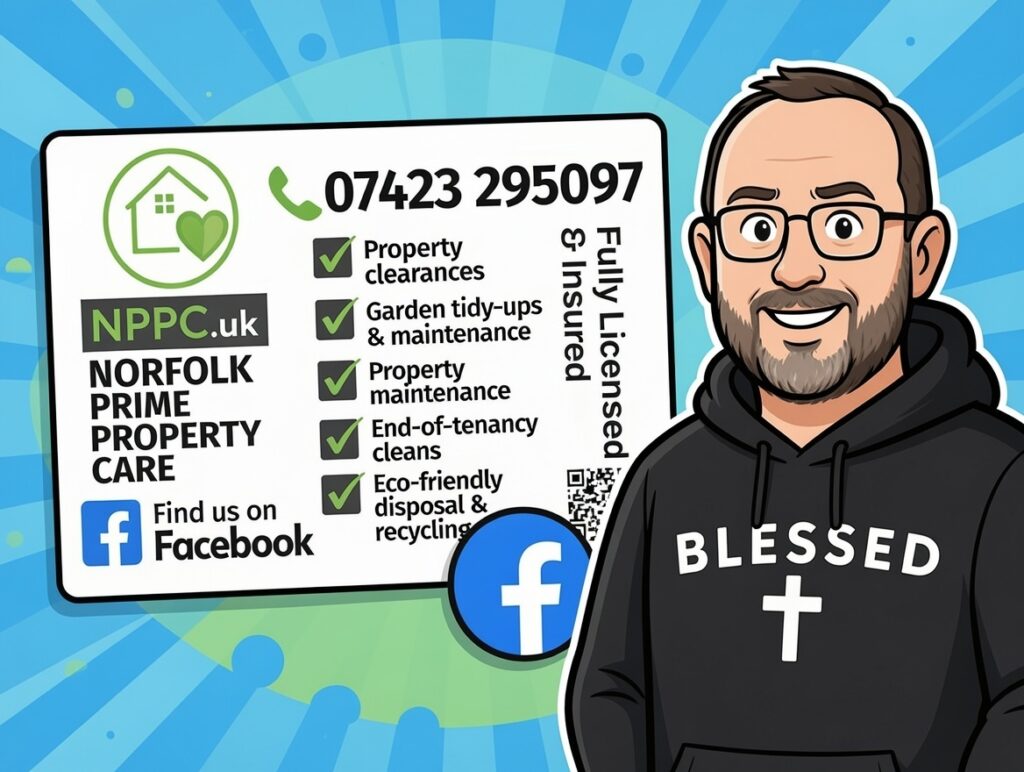 Promotional graphic for Norfolk Prime Property Care featuring a cartoon-style illustration of Luke and a list of NPPC property maintenance and clearance services.